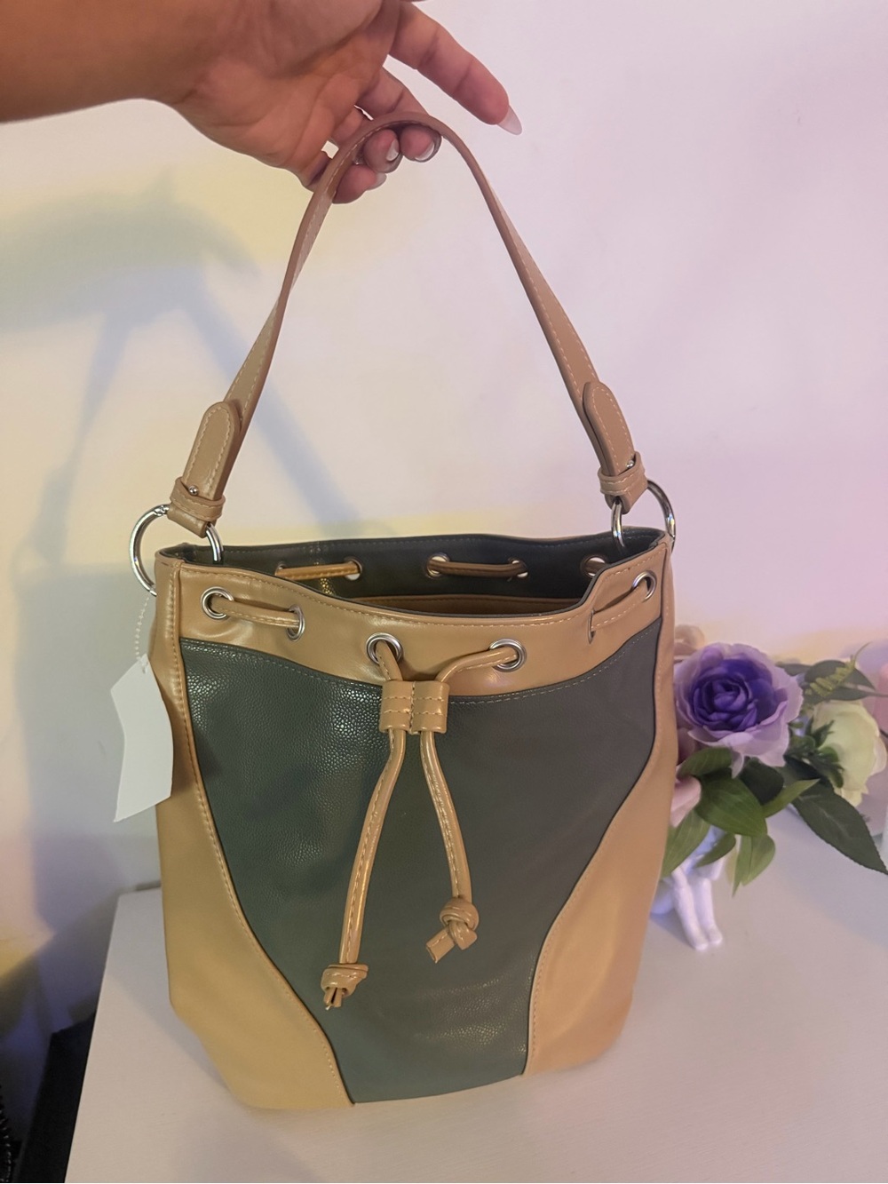 Two-Tone Olive and Tan Drawstring Shoulder Bucket Bag